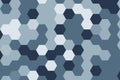 Hexagonal pixelated pattern in blue and navy hues. Modern geometric digital texture