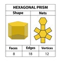 Hexagonal prism nets, faces, edges, and vertices. Royalty Free Stock Photo