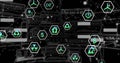 Hexagonal recycling and plug icons floating on virtual dashboard, with nodes and data panels Royalty Free Stock Photo
