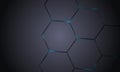 Hexagonal technology dark gray abstract vector background. Blue bright energy flashes under hexagon. Royalty Free Stock Photo