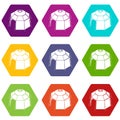 Hexagonal tent icons set 9 vector