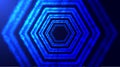 Hexagonal tunnel with depth of field. Abstract futuristic tunnel with neon light. Glowing particles honeycomb shapes