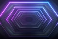 Hexagonal tunnel with neon light, modern architecture, 3d rendering
