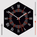 Hexagonal watch dial on black background. Hour, minute and second hands. Roman numerals. Vector illustration Royalty Free Stock Photo