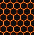 Hexagons of black stone with hot streaks of energy. Seamless vector background. Technology seamless pattern.