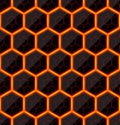 Hexagons of black stone with hot streaks of energy. Seamless vector texture. Technology seamless pattern.