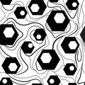 Hexagons with doodle wavy lines seamless pattern,black and white vector background.Honeycomb,hexagon abstract texture Royalty Free Stock Photo