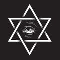 Hexagram and all seeing eye hand drawn dot work ancient pagan symbol of six-pointed star isolated vector illustration. Black work