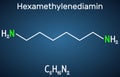 Hexamethylenediamine diamine molecule. It is monomer for nylon. Structural chemical formula on the dark blue background