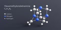 hexamethylenetetramine molecule 3d rendering, flat molecular structure with chemical formula and atoms color coding