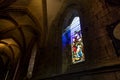 Hexham, Northumberland, United Kingdom, 9th May 2016, a stained glass window at Hexham Abbey