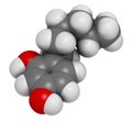 Hexylresorcinol molecule. Has anaesthetic, antiseptic and anthelmintic properties. 3D rendering. Atoms are represented as spheres