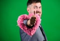 Hey pretty. Spread love around. Happy in love. Romantic macho flirting. Happy valentines day. Hipster hold heart symbol