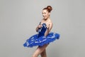 Hey you! Portrait of beautiful ballerina woman in blue costume w