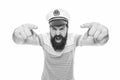 Hey you. Sailor spirit. Bearded sailor pointing camera isolated on white. Sailor or seaman with long beard and mustache