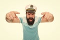 Hey you. Sailor spirit. Bearded sailor pointing camera isolated on white. Sailor or seaman with long beard and mustache