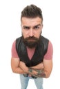 Hey you there. Hipster with mustache and long beard. Man mature bearded muscular brutal hipster white background Royalty Free Stock Photo