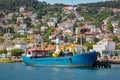 The blue fishing boat is at the pier on the island. Sea, white houses on the slopes of the island. Travel to Heybeliada, Adalar,