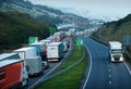 HGV Lorries queue on the M20 motorway outside Dover, the U.K.s largest port.