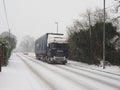 An HGV lorry on a snowy icy road in the UK