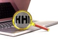 HHI word on magnifier on laptop , white background
