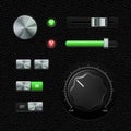 Hi-End UI Analog Volume Equalizer, Level Mixer, Volume Knob Chrome. Metal Switch Button, Lamp, Bulb, Progress Bar.