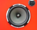 Hi-fi sound speaker box. Red speaker box and black silk hifi tweeter. Royalty Free Stock Photo