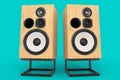 Hi-fi speakers with loudspeakers on stand on green background.