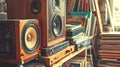 Hi-fi stereo system with large speakers, next to a stack of vinyl records. 80s vintage lifestyles. Close-up Royalty Free Stock Photo