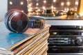 Hi-fi stereo turntable and vinyl record stack for vintage music lovers Royalty Free Stock Photo