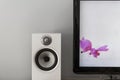 Hi Fi white speaker design on a black television