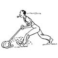 Vintage Clipart 169 Cartoon Man Mowing Lawn Royalty Free Stock Photo