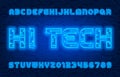 Hi Tech alphabet font. Neon color letters and numbers.