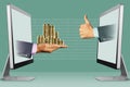 Hi-tech concept, two hands from monitors. pile of coins and thumbs up, like. 3d illustration Royalty Free Stock Photo