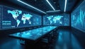 Hi tech futuristic boardroom interior. Holographic world maps, charts on screens. Table with interactive display panel surface. Royalty Free Stock Photo