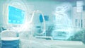 hi-tech hospital room with overlays and scientific microscope . creative abstract 3D rendering Royalty Free Stock Photo