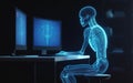 Hi-tech human robot skeleton working on computer at desktop on digital screen.