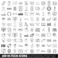 100 hi-tech icons set, outline style Royalty Free Stock Photo