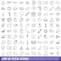 100 hi-tech icons set, outline style Royalty Free Stock Photo