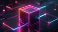 Hi-tech neon luminous cube abstract background. Generative AI