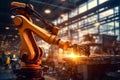 Hi-tech orange robotic arm, automatic robot hand for welding in heavy industry, hyperautomation, automated machine learning