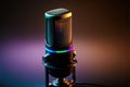 Hi-Tech studio recording microphone in a dark studio with neon lights against dark background. Royalty Free Stock Photo