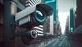 Hi-tech surveillance camera scans the movement on a vibrant city street. Generative AI illustration Royalty Free Stock Photo