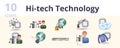 Hi-tech technology set. Creative icons: nanobot, cyborg, space tourism, hi-tech weapon, nano contact lenses, cybernetics