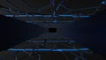 Hi tech tight tunnel with broken walls with blue lines. Sci fi, Hi tech concept, abstract creative futuristic floor, hall 3D rende