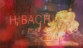 Hibachi Neon Sign With Chef in Background, Blur Rainy Window I