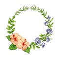 Hibiscus and Blue Butterfy Pea Flower Wreath. Royalty Free Stock Photo