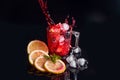 Hibiscus cold tea pouring into glass with ice, lemon and mint isolated on black background Royalty Free Stock Photo