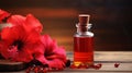 Hibiscus essential oil in a bottle. Generative AI, Royalty Free Stock Photo
