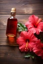 Hibiscus essential oil in a bottle. Generative AI, Royalty Free Stock Photo